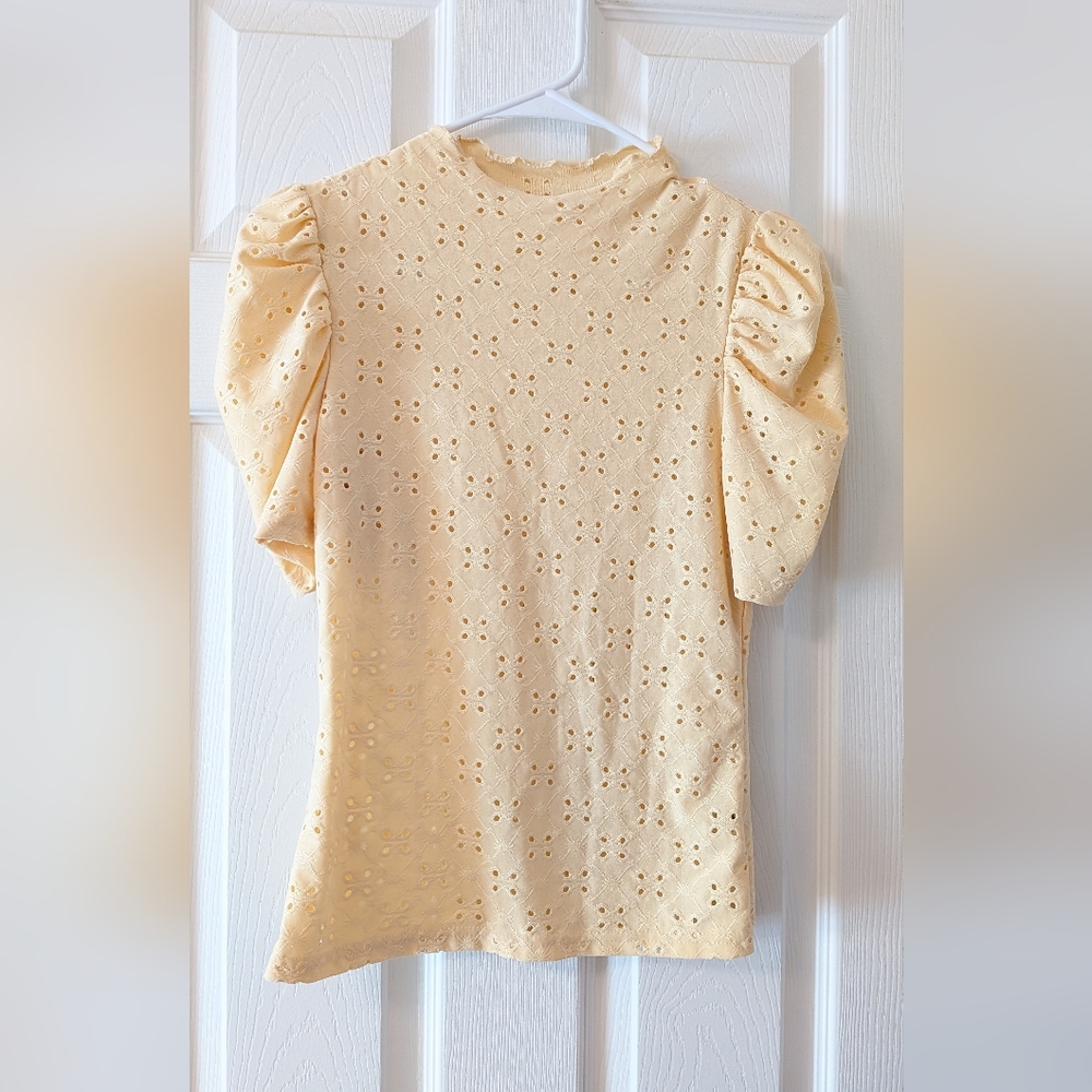 Elegant Yellow Cream Eyelet Women's Top